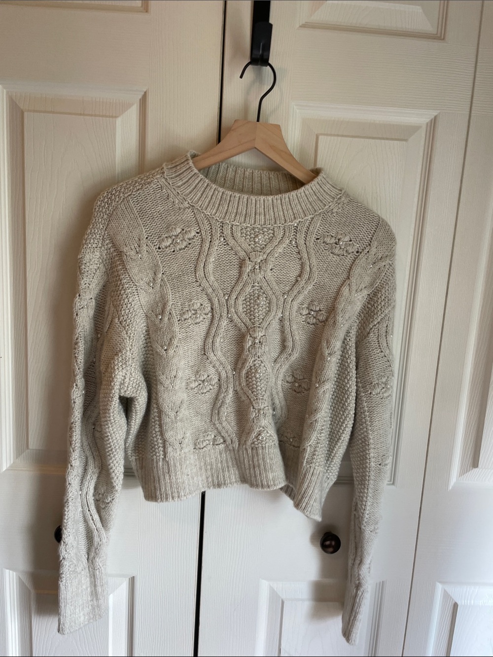 American Eagle Classic Cable Knit Crewneck Sweater with Pearl Detailing - Cream